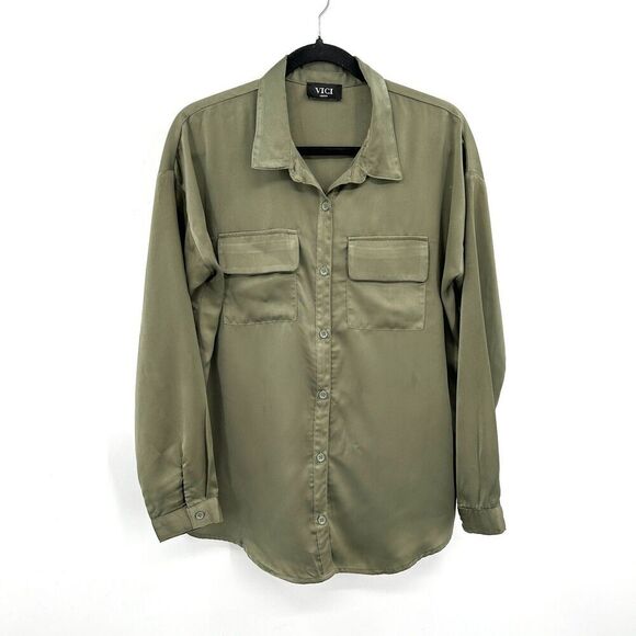 VICI Women's Olive Green Satin Oversized Long Sleeve Button Up Blouse Medium - Picture 1 of 7